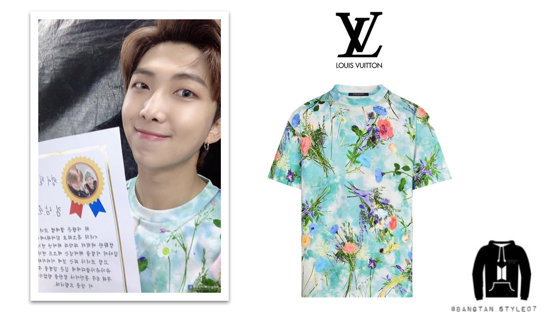 Bangtan Style⁷ (slow) on X: #DearClassOf2020 Taehyung, Jungkook & Hobi  were wearing LOUIS VUITTON Tae: LV Printed Leaf Regular Long-Sleeved Shirt  ($1480) JK: LV Tapestry DNA Shirt ($1320) Hobi: LV Varsity Tapestry