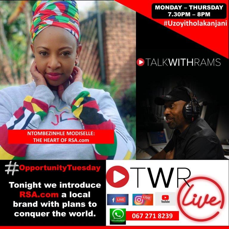 TalkWithRams_'s tweet photo. In tonight's #OpportunityTuesday @RamsByTheHorns will introduce us to @justrsa_com A New local brand that is about to shake the world. Not only this but another Business on #TheQuickie called #AntelopeTours doing amazing work in Tourism for South Africa. #UzoyitholaKanjani https://t.co/GV09CPKFYI