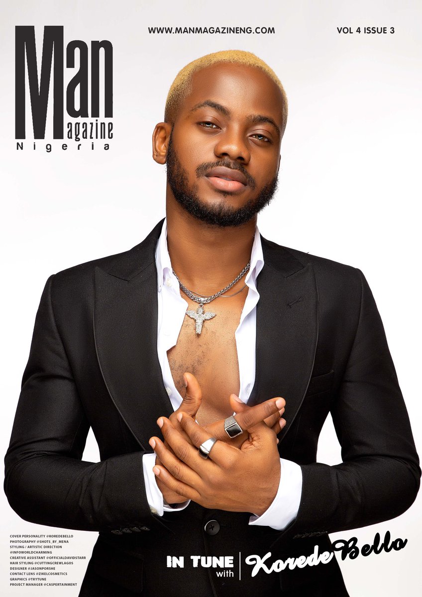 worldcharming's tweet photo. @koredebello covers the newest edition @manmagng .  @shots_by_mena 
@infoworldcharming 
 @officialdavidstarr 
 @misterzaar 
 @cuttingcrewlagos 
 @jasonporshe 
@presleyvisuals @mcphotography.ng 
 @caspertainment 
 @trytune 
@zikelcosmetics cc @lekeshades @highdtosin https://t.co/xSKNEEOHXn