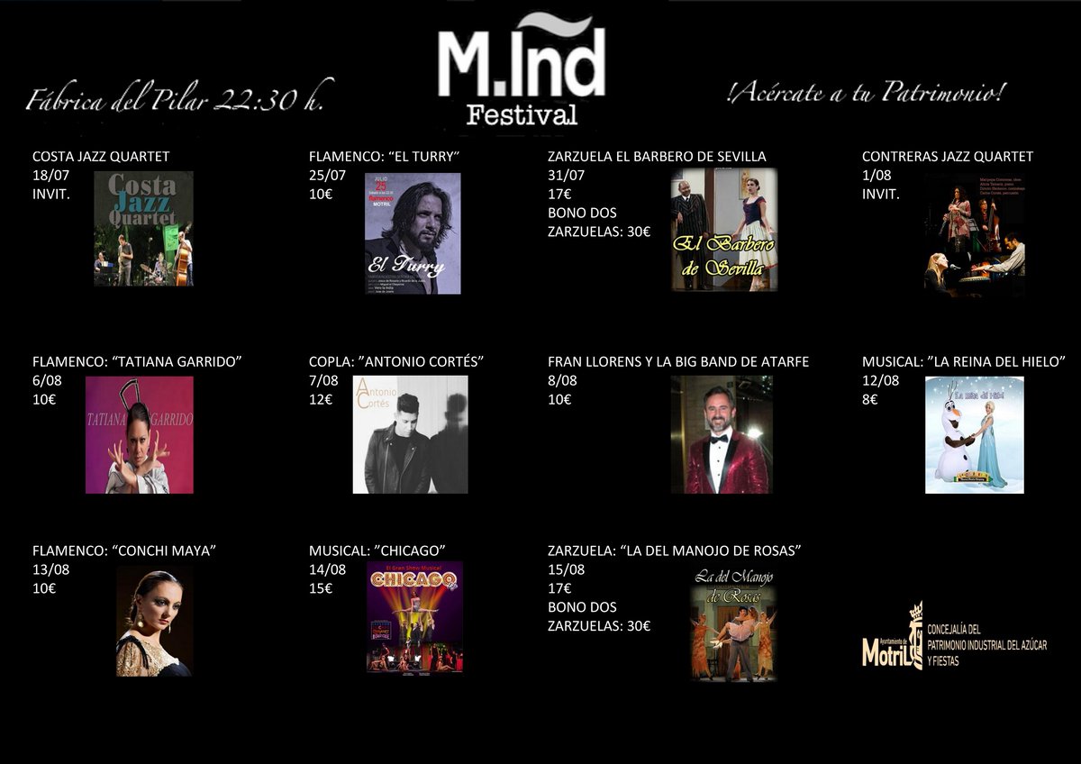 ℹ️ Un elenco de artistas con sello motrileño protagonizará la cartelera del M.Ind Festival. 
➡️Organizadas por el Área de Fiestas del, las actuaciones tendrán lugar en el recinto de la Fábrica del Pilar, con un aforo máximo de 249 personas y todas las garantías de seguridad.