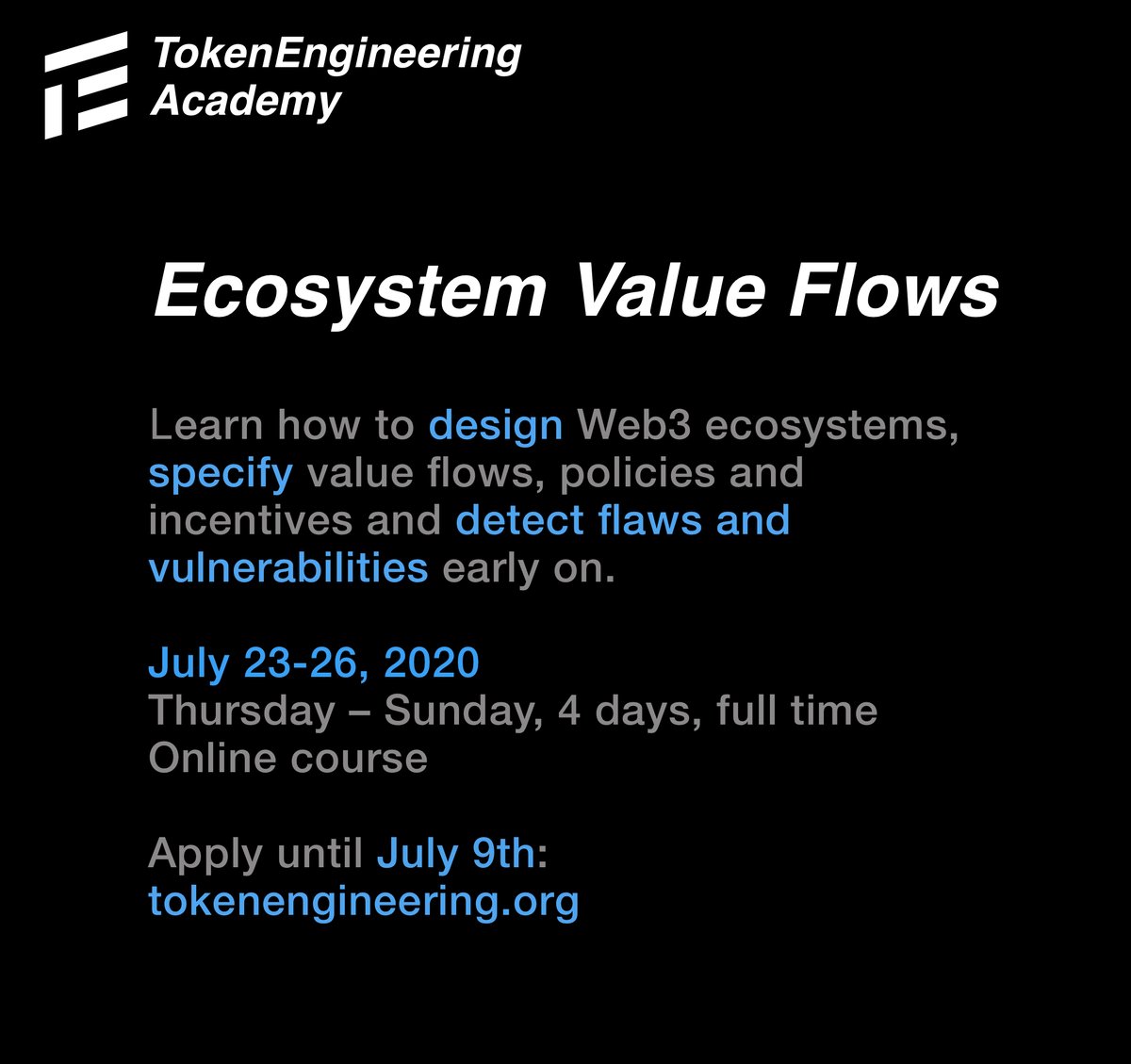 tokengineering's tweet photo. This course picks up where the Business Model Canvas ends: 

🌍  learn how to design Web3 Ecosystems
🧩  specify value flows, policies and incentives
🧨  detect flaws and vulnerabilities

TE Academy - Ecosystem Value Flows 
apply until July 9th

https://t.co/5iqmMYunXv https://t.co/Ft21C2N36C