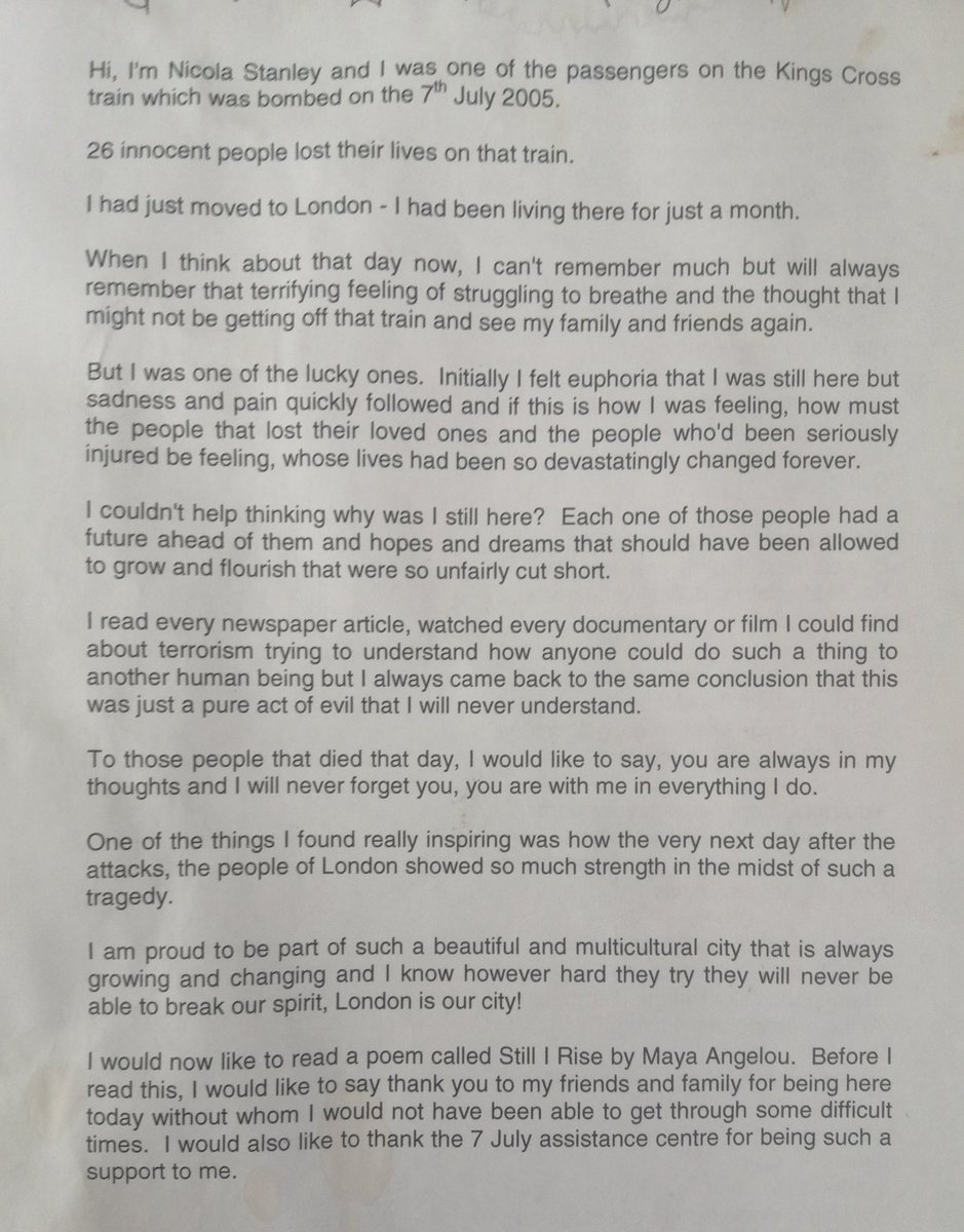 NikkiStix55's tweet photo. Thought I'd share a reading I did at the 7/7 Hyde Park Memorial at the 7/7 anniversary event on 7 July 2011. The poem is by Maya Angelou. It reminded me of how as a country, we come together after events like this. Never forgotten π’β€οΈ #londonbombings https://t.co/8G8m2NAETU