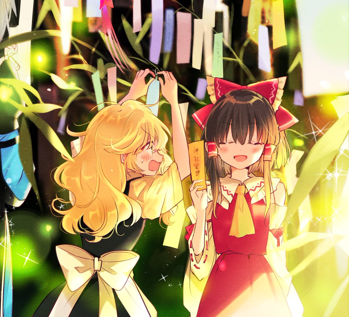 hakurei reimu ,kirisame marisa ,morichika rinnosuke tanabata 2girls multiple girls bow yellow ascot hair tubes closed eyes  illustration images