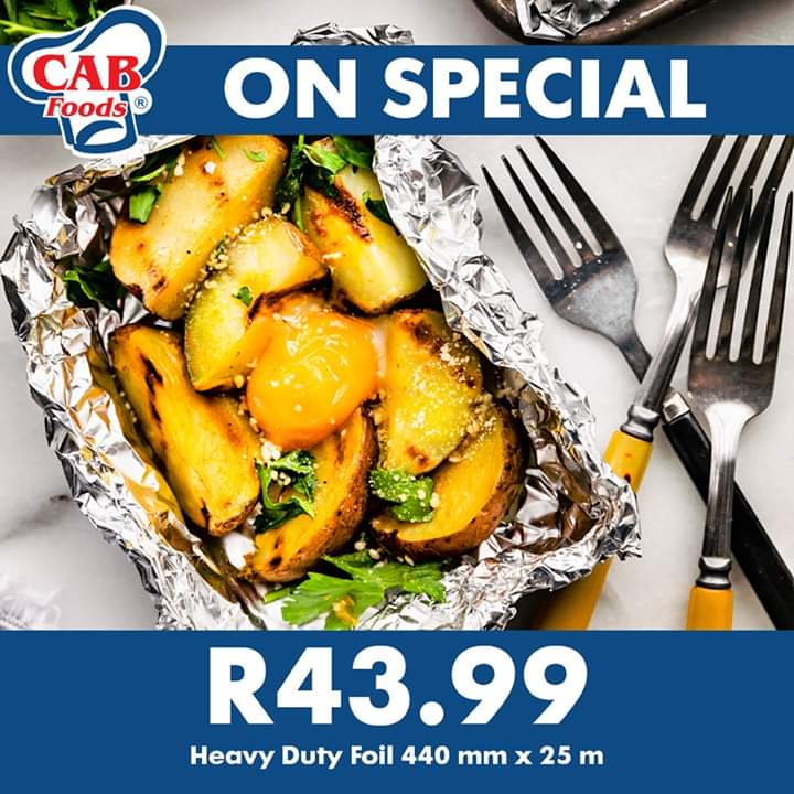 CABFOODS's tweet photo. Wrap-up lunch, leftovers and prepare meals with this versatile, thick and heavy-duty tinfoil now on sale in-store and online for only R49.99!
It's heavy duty for a reason, get yours now. 
https://t.co/yplLoByBv5
#CABFoods #cooking #baking #packaging #tinfoil #heavyduttyfoil #foil https://t.co/sKSBQUDV1S