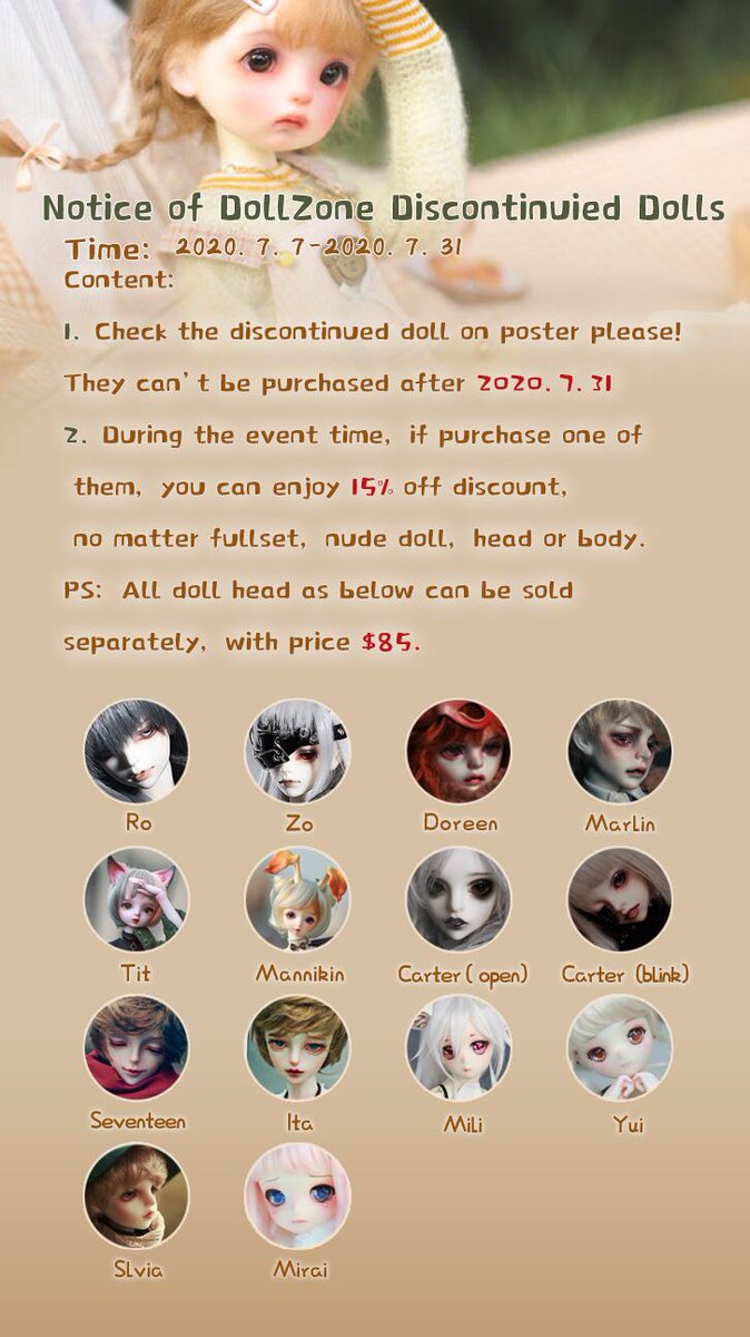 DollChateau's tweet photo. Hello, some DZ dolls will be discontinued after 2020.7.31. More details, check the poster please.  #bjd #bjddoll #balljointeddoll #doll #dollzone #dzdoll #bjdsale #dollsale #bjdphotography #dollphotography #bjdvideo #dollvideo #bjdmaking #dollmaking #bjdartist https://t.co/UYiy0SK3lR