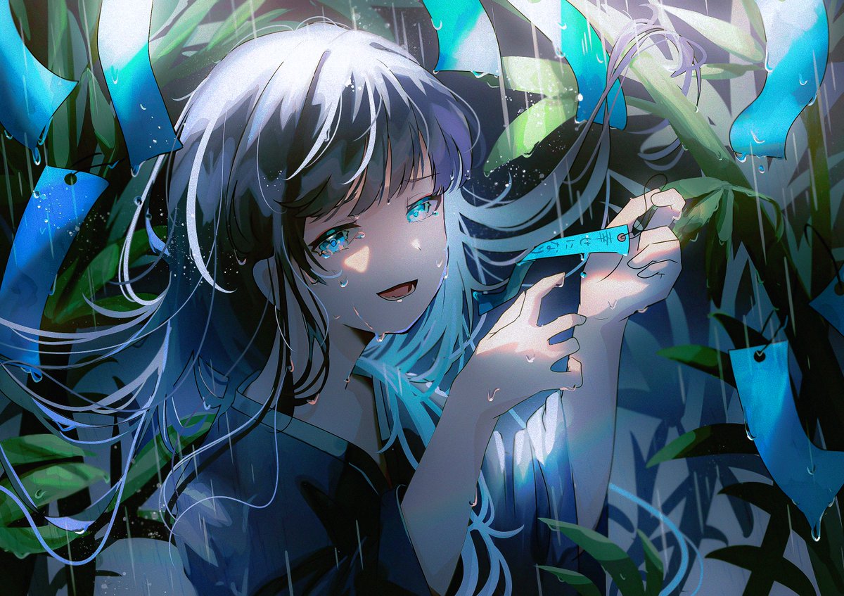 1girl solo tanabata long hair blue eyes open mouth rain  illustration images