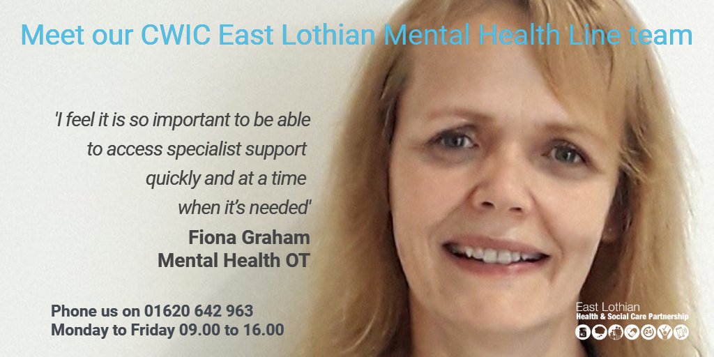 Meet the people behind the <a href="/ELHSCP/">East Lothian HSCP</a> CWIC East Lothian Mental Health Line team. Today, it's Fiona Graham. bit.ly/2AJ5Ba6 

#mentalhealth #support #depression #anxiety #stress #hereforyou

<a href="/eastspaceTweets/">Eastspace</a> <a href="/ELMentalHealth/">East Lothian Mental Health</a> <a href="/elcourier/">East Lothian Courier</a> <a href="/NHS_Lothian/">NHS Lothian</a> <a href="/ELCouncil/">East Lothian Council - news and information</a> @eastlothianpcip