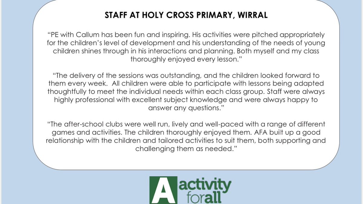 Is your school’s PE Provision ready for September?

⚽️ NQT Curriculum Support
🏀PPA Cover
🏈Extra-Curricular Clubs
⚾️Mental Health &amp; Well-being Sessions
🎾Active Curriculum

Contact callum@activityforall.com for a brochure and to discuss how to maximise your school’s potential!