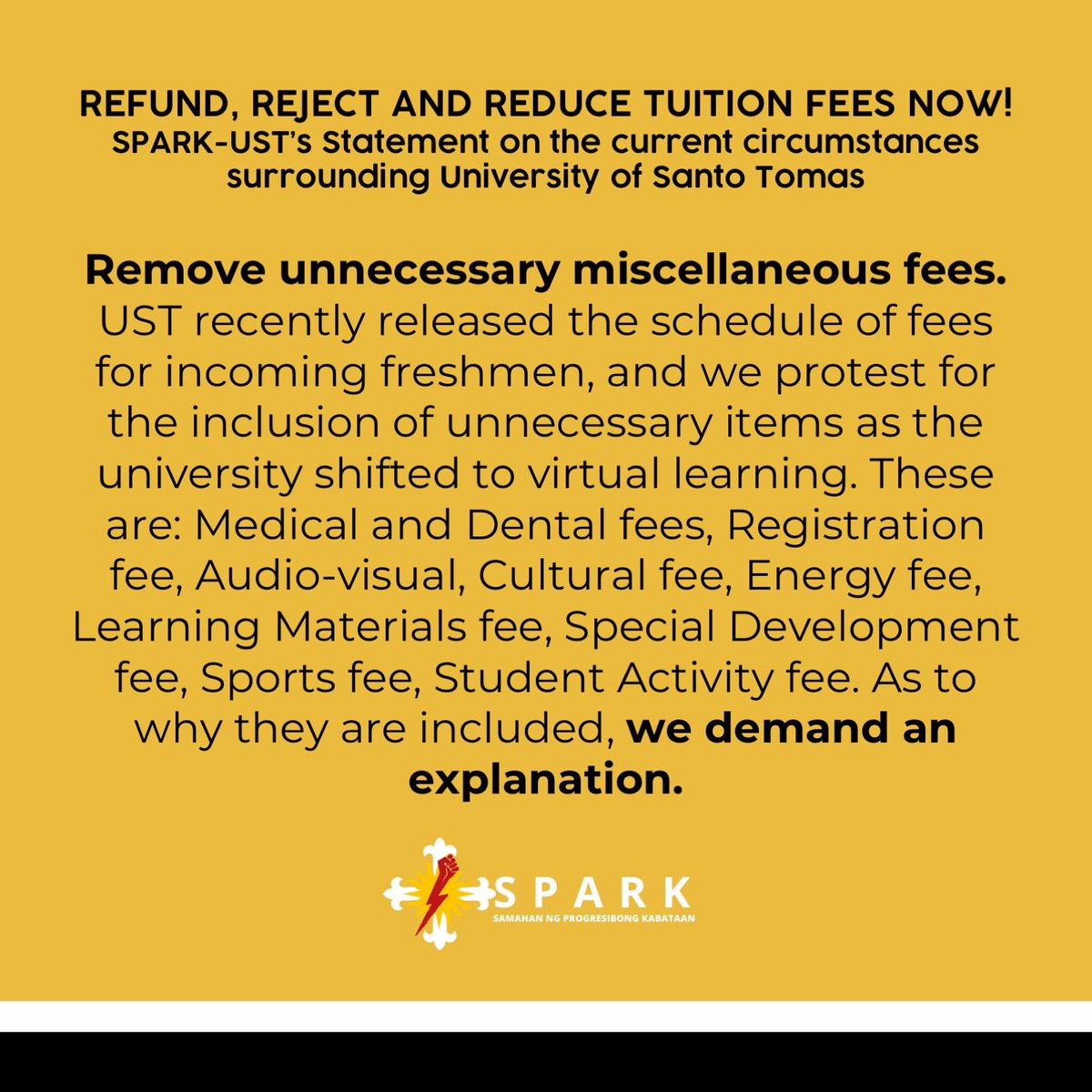 SparkKabataan's tweet photo. REDUCE, REJECT AND REFUND TUITION AND OTHER SCHOOL FEES NOW!
SPARK-UST’s Statement on the current circumstances surrounding University of Santo Tomas
Read full statement below:
https://t.co/PSkoCl7KK8
#ReduceRejectRefundNowUST
#NoMassTestingNoClasses
#StopOnlineClasses https://t.co/8LXfZVGRIY