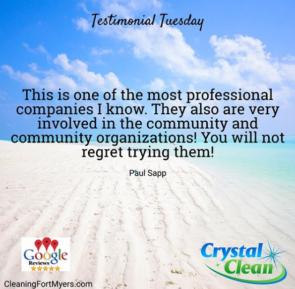CrystalCleanFL's tweet photo. On #TestimonialTuesday we share our clients comments about the service we provide for them.  
Leave us a review in our google page! 

#CleanVibes #KeepinItClean #CommercialCleaning #ResidentialCleaning #PowerWashing #CleaningPros #FortMyers #CapeCoral #Naples #BonitaSpring #SWFL https://t.co/qgl9zlwJYC
