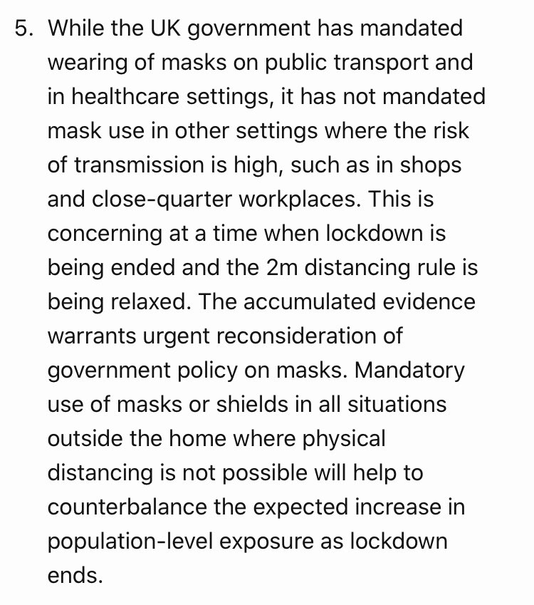 It says the current UK government policy is “concerning” and that the scientific evidence “warrants urgent reconsideration of government policy on masks”. Masks should be made compulsory in all setting where distancing isn’t possible, it says.