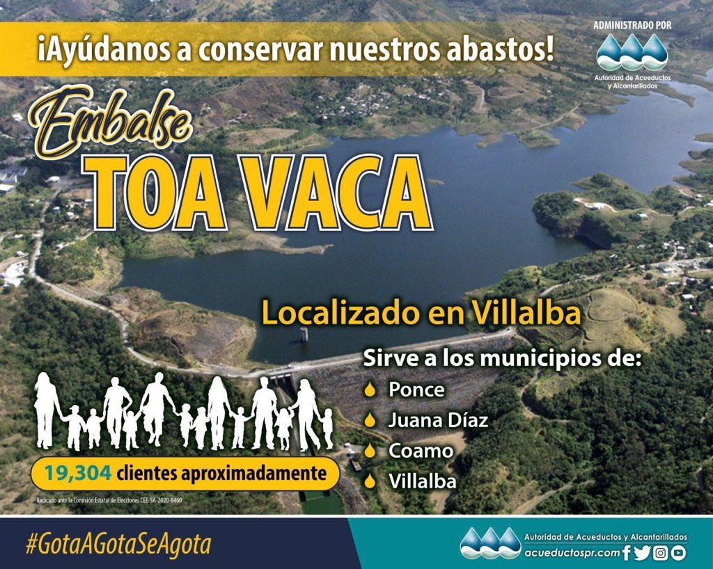 AcueductosPR's tweet photo. [Importante] Compartimos información valiosa sobre el embalse #ToaVaca. Durante este tiempo seco es importante que hagas uso prudente del agua. ¡Ayúdanos a conservar nuestros abastos! #GotaAGotaSeAgota https://t.co/hZSqt3ovk8