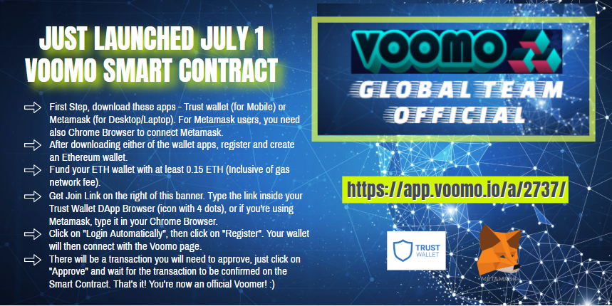 VoomoGlobalTeam's tweet photo. JUST LAUNCHED JULY 1! BE A #VOOMER NOW!

Link to Join VOOMO: https://t.co/fcu2dq77zk

Get a referral link banner like this when you join our super-active team! 

#Voomo #Ethereum #SmartContract #Forsage #millionmoney #ForsageNigeria #ForsagePhilippines #VoomoPhilippines #ETH https://t.co/HZ2VQXtQWJ