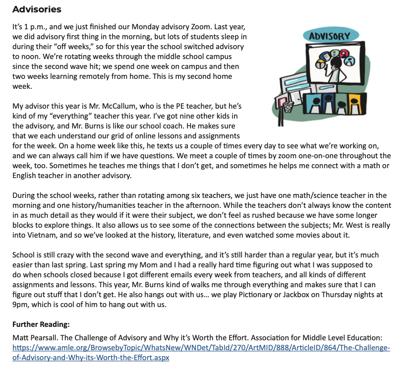 We wrote about 4 big ideas for building & sustaining relationships. Looping--letting students stay with last year's teachers; Advisories--making sure that each student has a close connection with one adult coach, forming esports or rec leagues, and the call-a-teacher button. 11/x