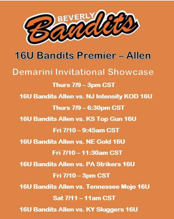 Bandits_Allen's tweet photo. Beverly Bandits 16U Allen Demarini Invitational schedule- games start Thursday! https://t.co/FSMbgrXQND