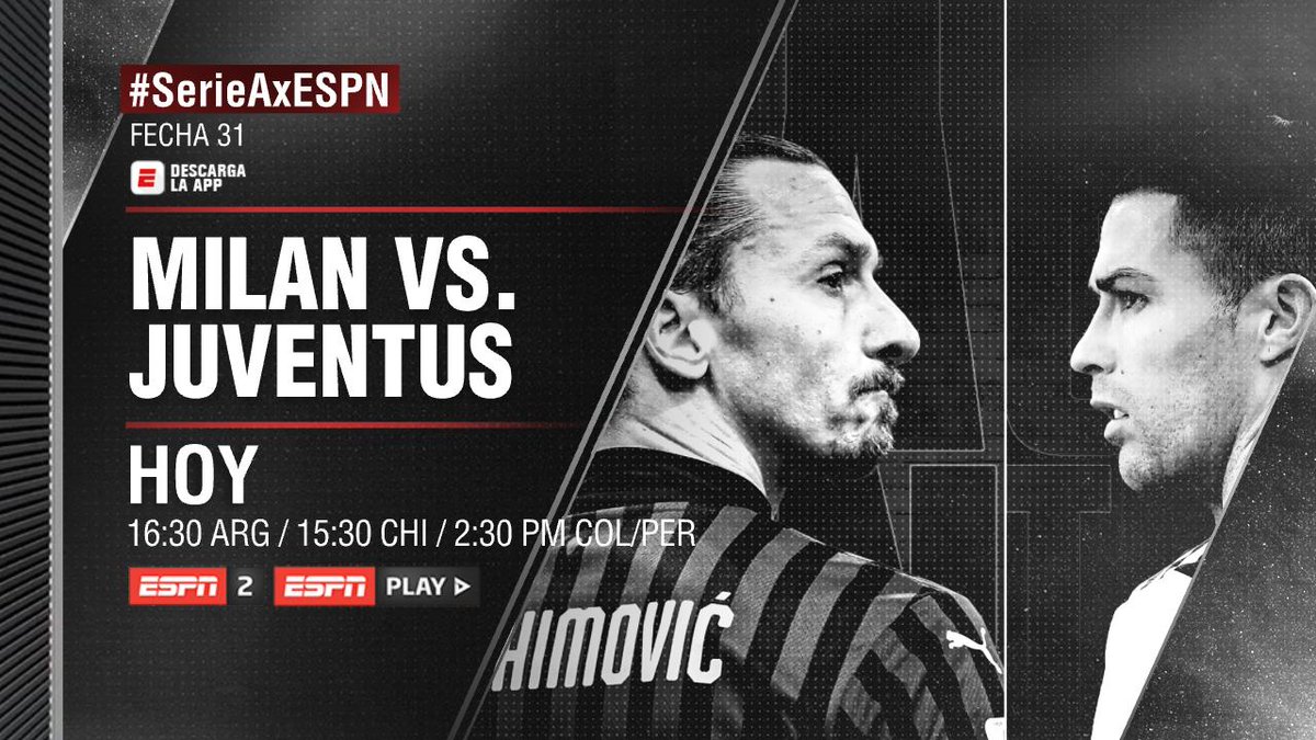 SC_ESPN's tweet photo. Milan vs. Juventus. Zlatan vs. Cristiano. ¡PARTIDAZO! HOY, disfrutá más que nunca de la #SerieAxESPN. https://t.co/2BzverqRom