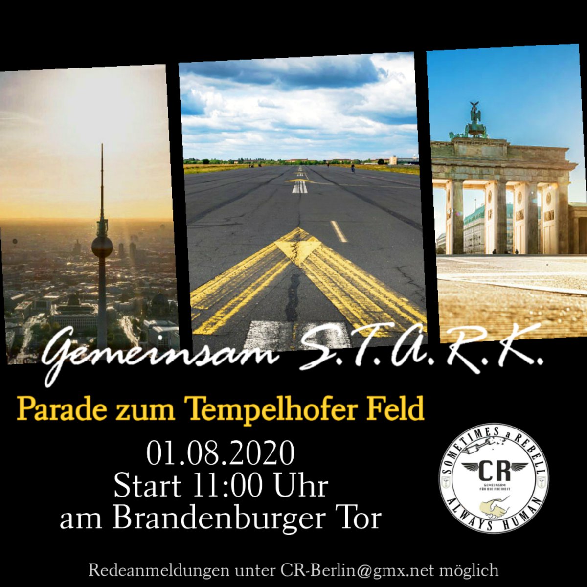 CoronaRebellen's tweet photo. Am 01.08.2020 begehen wir zusammen mit vielen anderen Organisationen den Tag der Freiheit in Berlin, auf dem Tempelhofer Feld.
Interessante Reden, musikalische Liveacts und viel Programm ist geplant.
Die Parade zum Ort startet um 11 Uhr vom Brandenburger Tor https://t.co/OSmvPwgWcr