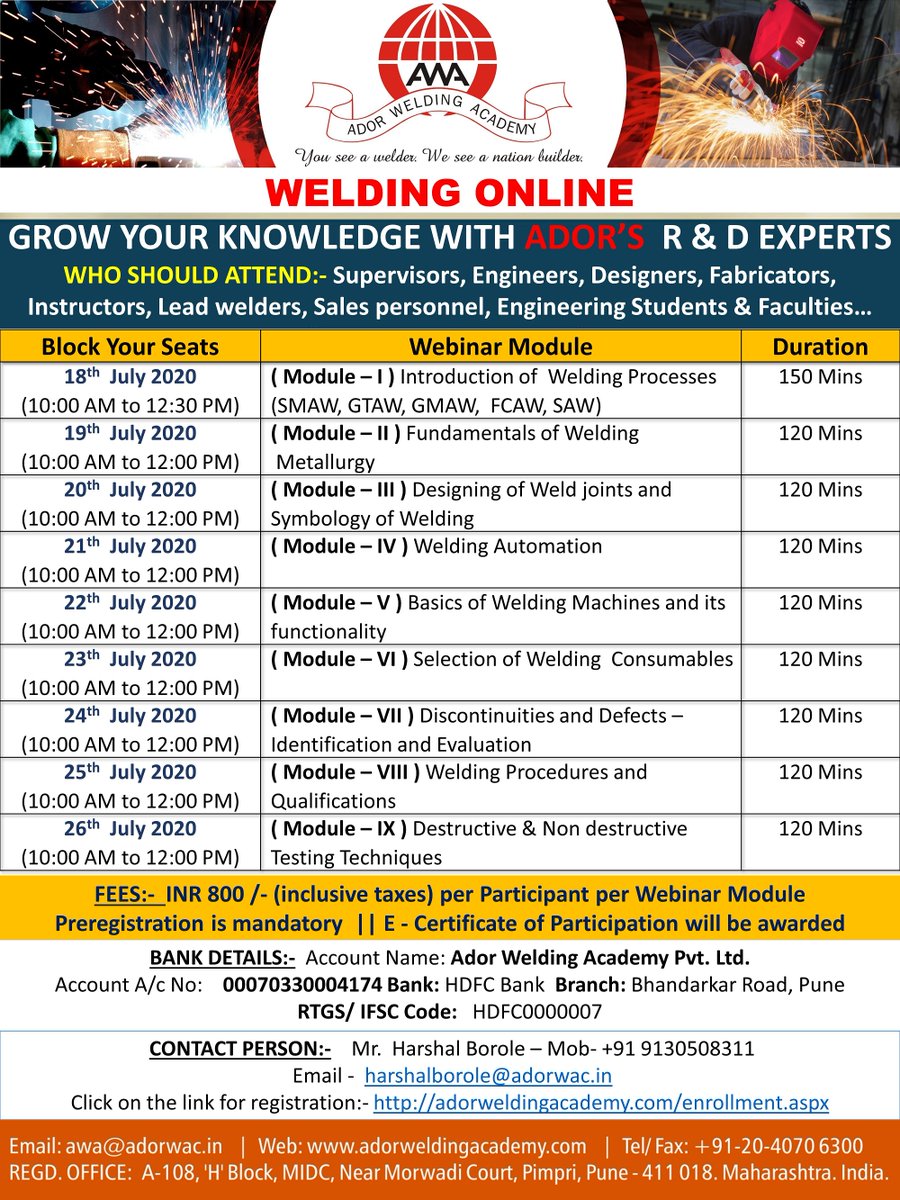 Welding online #webinar series by Ador Welding Academy. #pune #india
When: 18th July 2020 to 26th July 2020,

Apply here adorweldingacademy.com/Enrollment.aspx

#welding #weldingonline #training #weldingengineers #engineers #weldinginstructors #engineeringstudents #collegesanduniversities