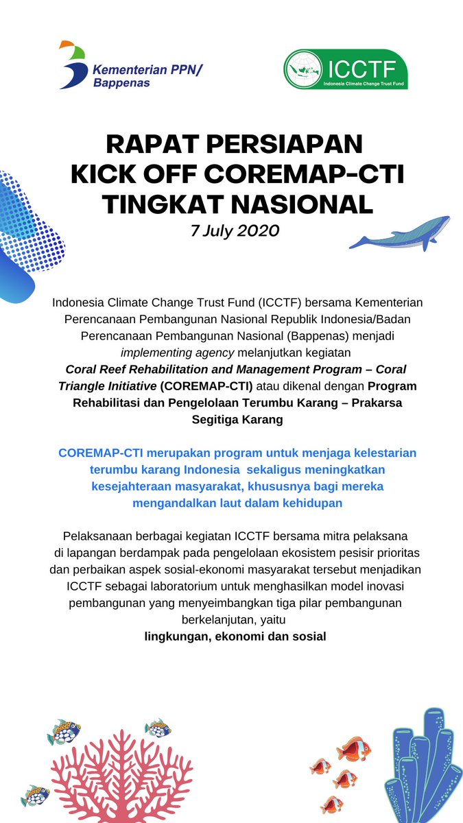 icctfofficial's tweet photo. Hari ini ICCTF mengadakan Rapat Persiapan Kick off COREMAP-CTI Tingkat Nasional, mari simak rangkaian kegiatannya!
#ClimateChange #COREMAPCTI #SustainableOcean #SustainableDevelopment #CoralreefRehabilitation #ScienceBasedManagement #GenderEmpowerment #CommunityBasedManagement https://t.co/rZ8Vc3Ld7U
