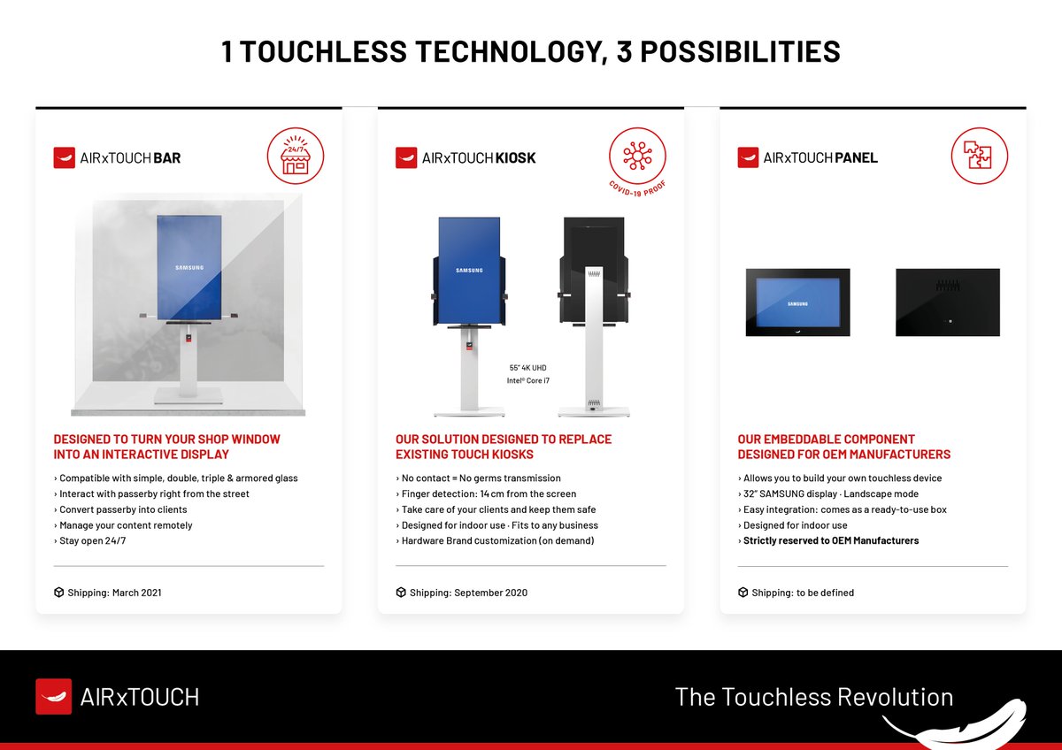 airxtouch's tweet photo. AIR TOUCH® | Overview of the 3 possibilities offered by our patented Touchless Technology → Discover now these 3 products on https://t.co/CSM2dHrlfb ~ #Touchless #Contactless #Innovation #Health #DigitalSignage https://t.co/OlnHDuBnmg