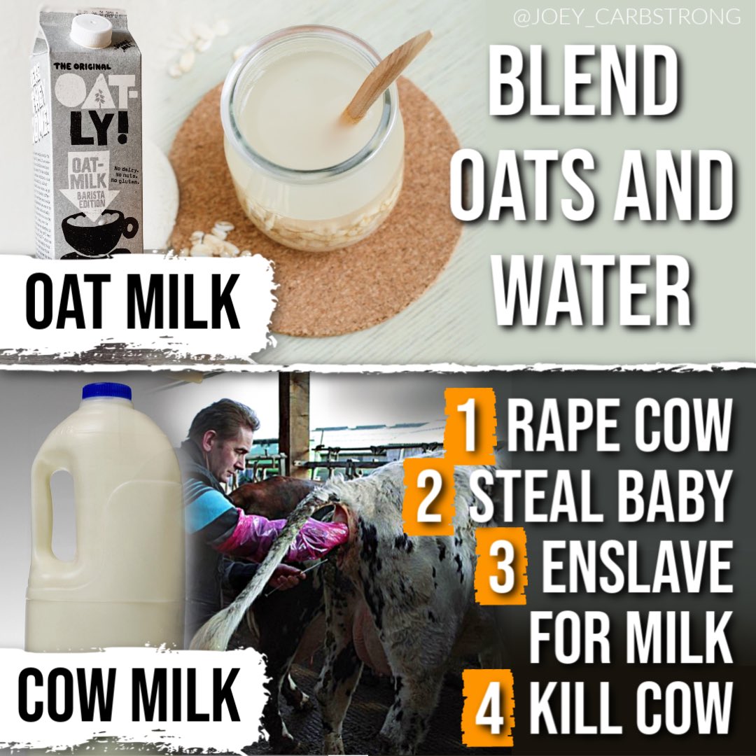 JoeyCarbstrong's tweet photo. What a cruel and violent way to obtain milk for your coffee or cereal.

I’ll take the oat milk please🙋🏻‍♂️

Which would you choose?

🌱For help going vegan, follow the link: https://t.co/Gd5gALugOY https://t.co/bJcJkfH8Mt