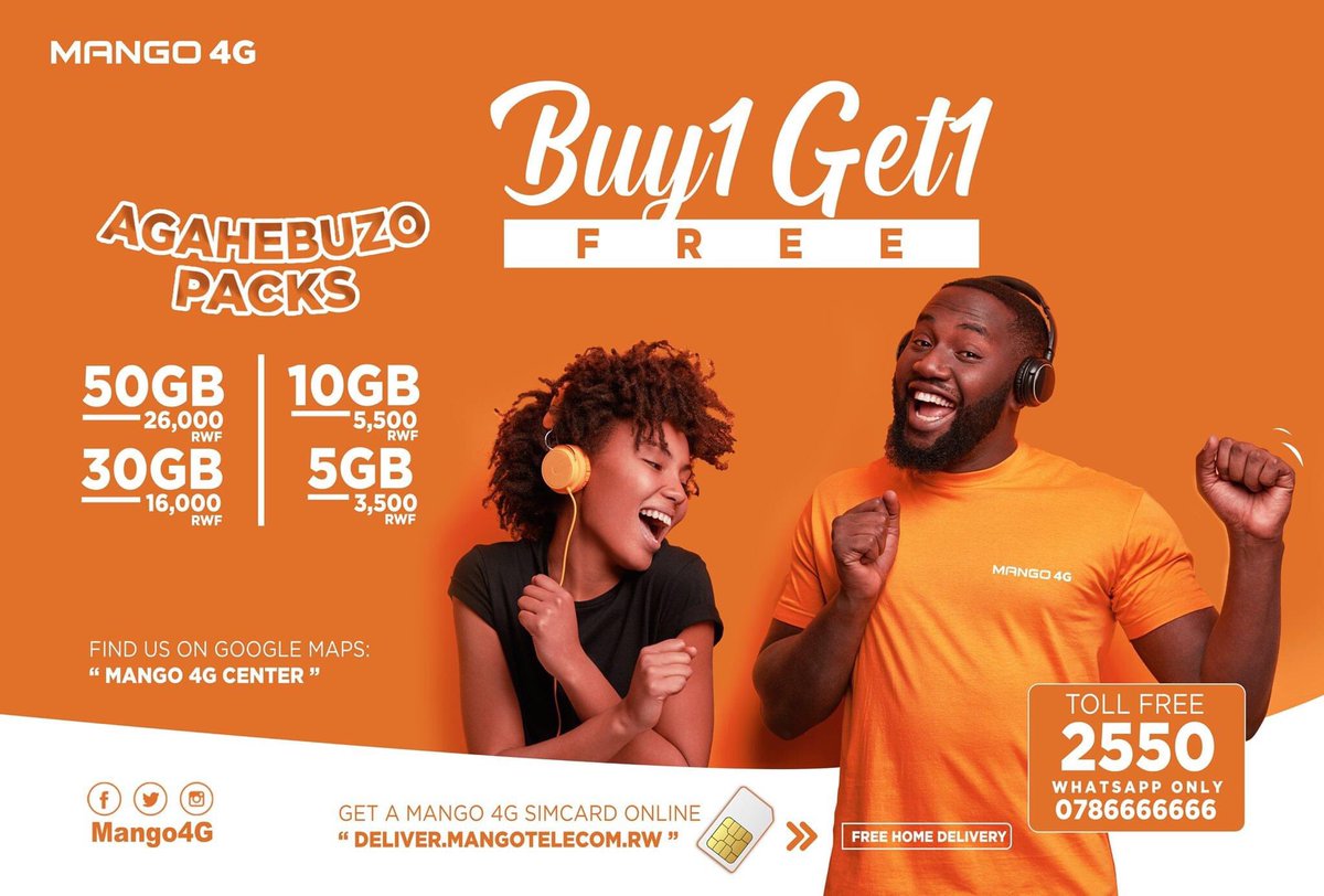 Turakubira Kabiri abakiriya bashya bagurira ku mashami yacu twavuze haruguru ndetse n'abakoreshaga amapaki yo muri smartphones(Unlimited packs) bashaka gutangira gukoresha amapaki y'Agahebuzo afite umuvuduko wo hejuru mu gihugu hose! #Mango4G #Agahebuzopacks #Truly4GNetworks