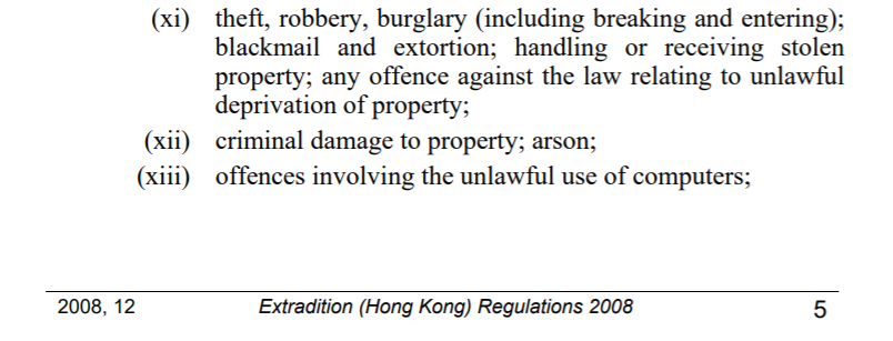 6. But first there needs to be like-for-like crimes in each jurisdiction to permit extradition?That is right & there are, eg Art 2(1)(xii) of the Agreement “criminal damage to property”. Art 24(3) of  #NSL "destruction of vehicles, transportation facilities, power equipment".