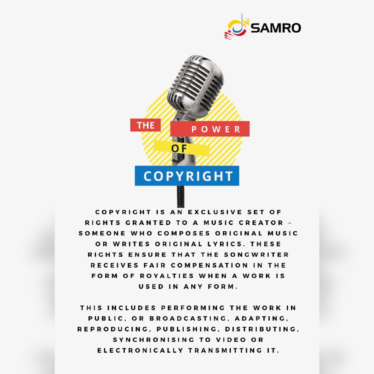 SAMROMusic's tweet photo. When you notify your works with a collective management organisation such as SAMRO, you are protecting your copyright.
#MyCopyright https://t.co/I9yqKF4EVi