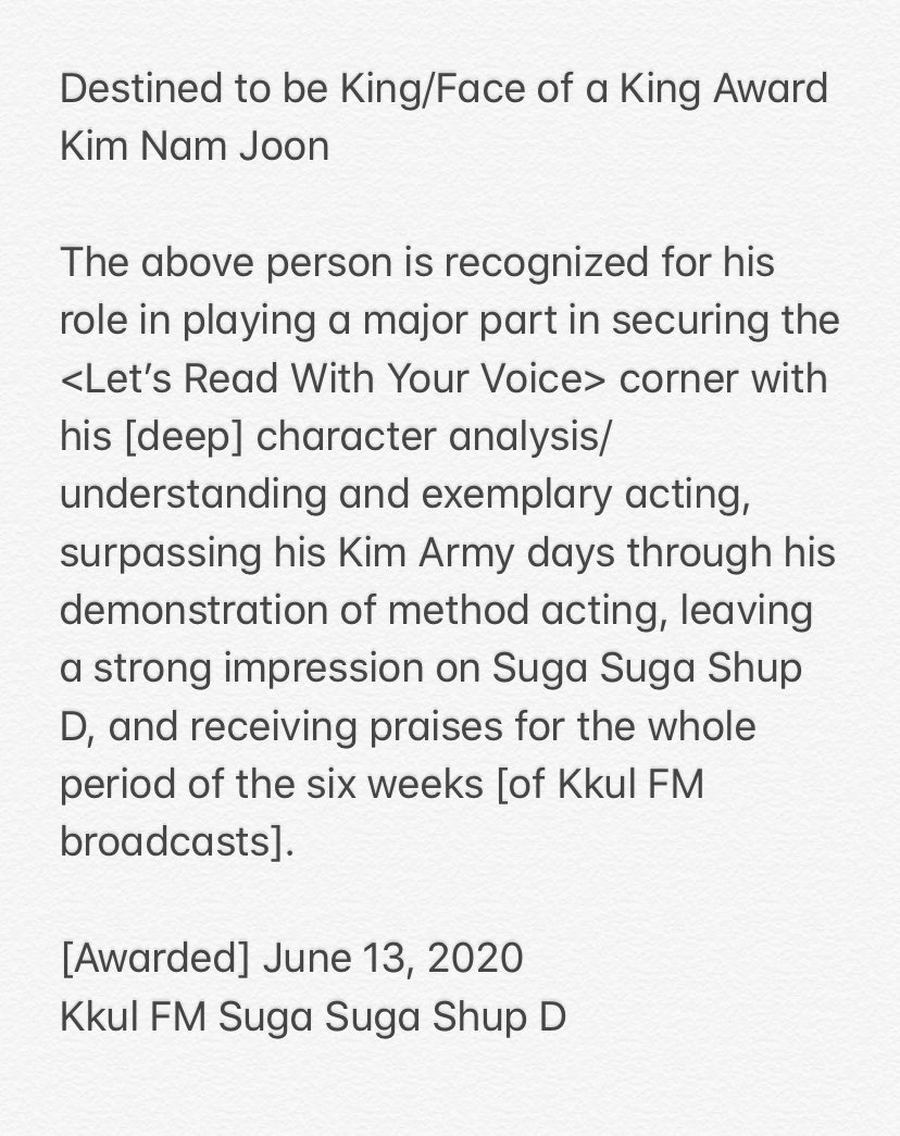 btstranslation7's tweet photo. @bts_bighit after mentioning joon’s acting skills multiple times during his kkul fm broadcasts, yoongi presented namjoon with a “destined to become king/face of a king” award!

@bts_twt https://t.co/2qK6JfDJQZ