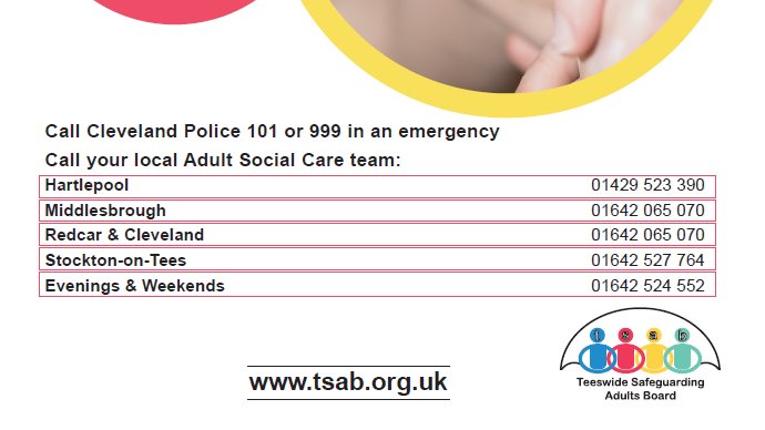 TeeswideSAB's tweet photo. Do you know how to recognise the signs of adult abuse?

Everyone has the right to live in safety, free from abuse and neglect. 
Abuse and neglect can occur anywhere. #SeeItReportIt

#SafeguardingAdults #SafeguardingIsEveryonesBusiness
https://t.co/k6qP0tBwtk https://t.co/gLR9oeEqdd
