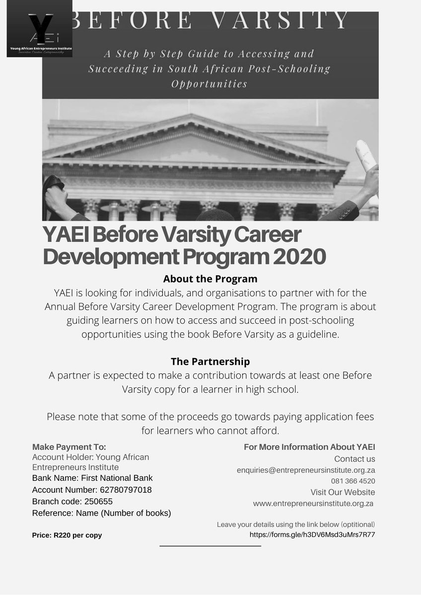 YAEINPC's tweet photo. Please kindly support our initiative. See poster below.

For more information you can email Enquiries@entrepreneursinstitute.org.za 

#BeforeVarsity #YAEIThings #YAEIFellowship #YouthDevelopment #Careers #Career #DearClassOf2020 #DearMatriculant https://t.co/rtAmE16mat