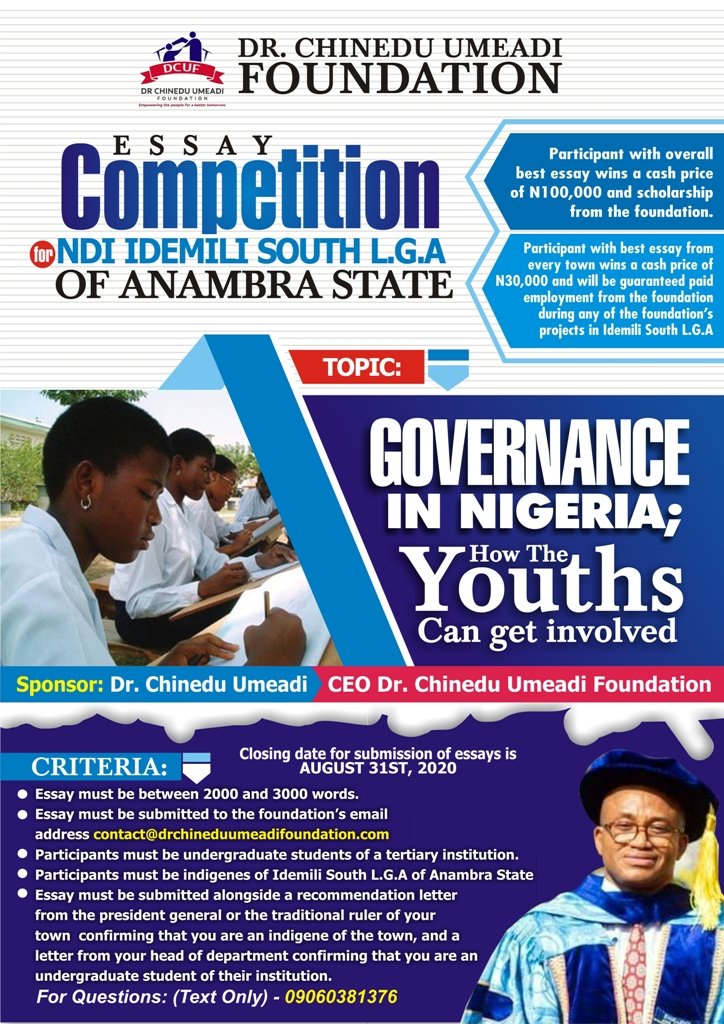 DrUmeadi's tweet photo. We are pleased to announce that we will be conducting essay competitions for undergraduate students across some Local Government Areas in Anambra state
Read More: https://t.co/CrEx7Y77iU
#DCUF
#drchineduumeadifoundation
#education
#development
#youth2030
#youthempowerment 
#youth https://t.co/FumJCEPf8T