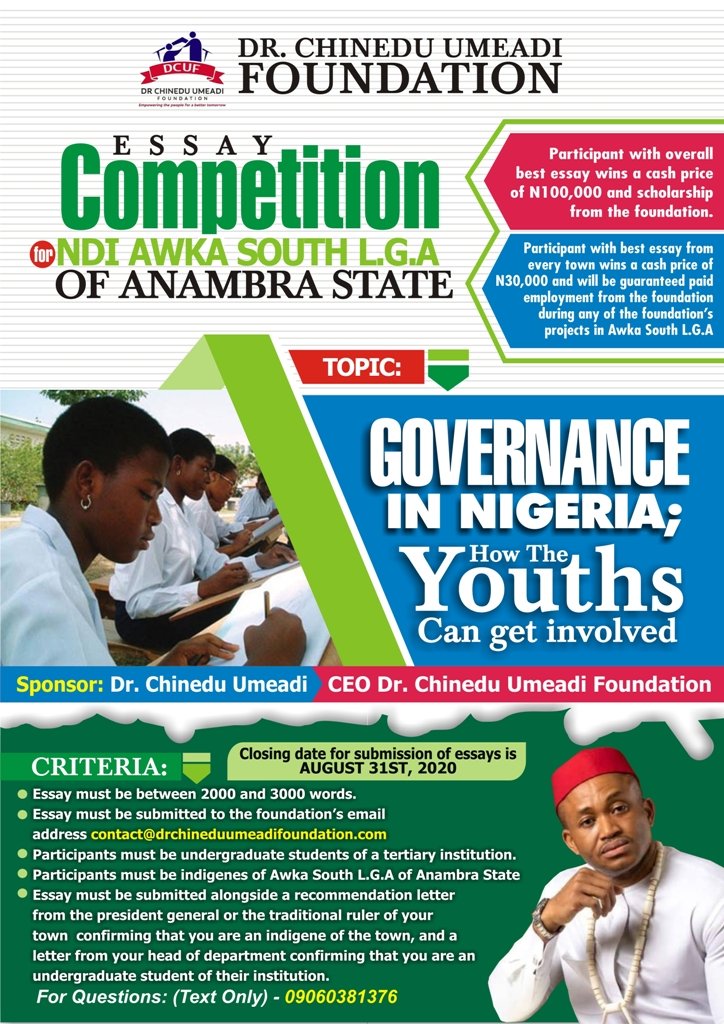 DrUmeadi's tweet photo. We are pleased to announce that we will be conducting essay competitions for undergraduate students across some Local Government Areas in Anambra state
Read More: https://t.co/CrEx7Y77iU
#DCUF
#drchineduumeadifoundation
#education
#development
#youth2030
#youthempowerment 
#youth https://t.co/FumJCEPf8T