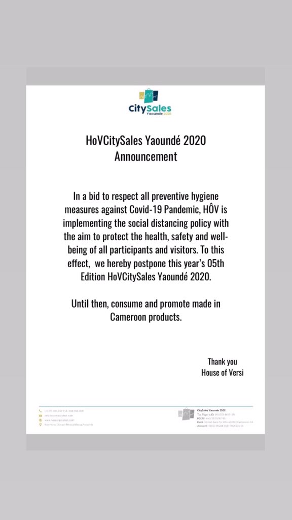 HouseofVERSI's tweet photo. In a bid to respect all preventive hygiene measures against Covid-19 Pandemic,HÔV is implementing the social distancing policy aimed to protect the health &amp; well-being of all participants &amp; https://t.co/9VYT5ou7uR this effect,  we hereby postpone this year’s 05EditionHoVCitySales https://t.co/ESxr0R78ak