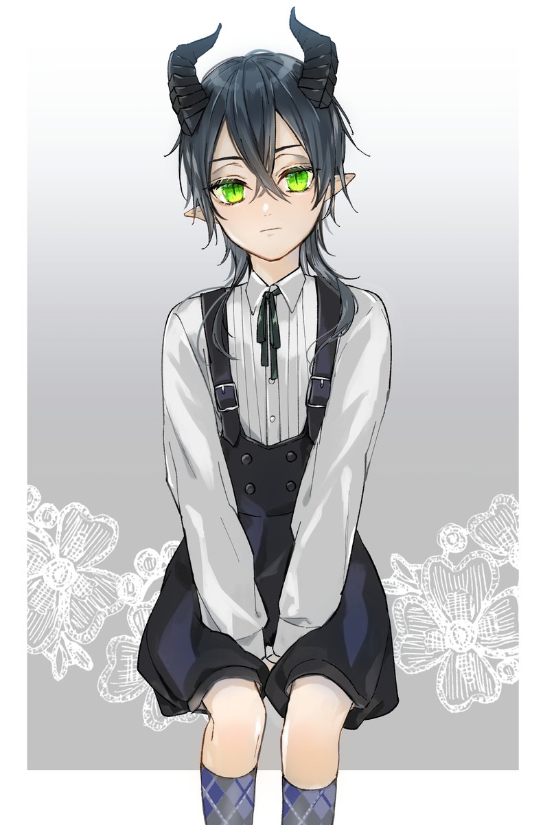 horns green eyes solo male focus 1boy pointy ears suspender shorts  illustration images