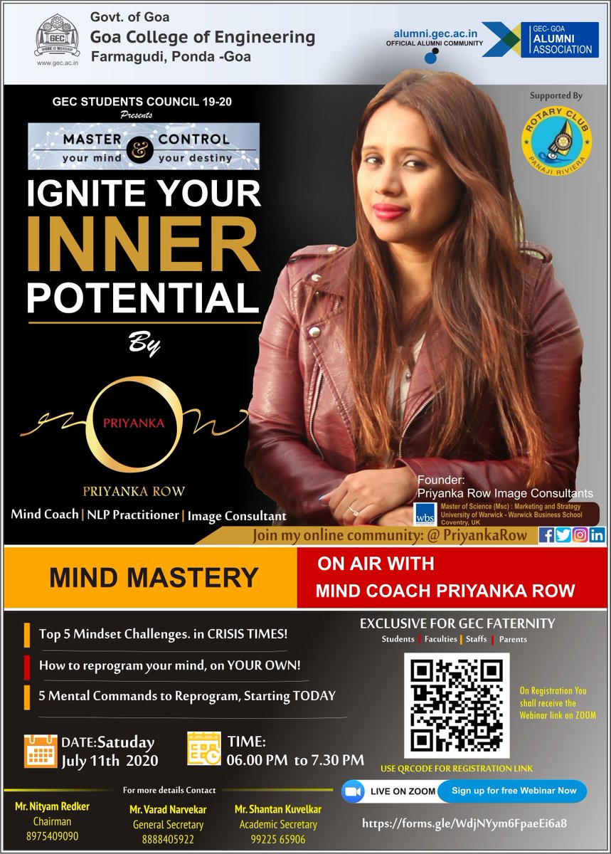 gec_goa's tweet photo. Join Mind Mastery on air with Mind Coach Priyanka Row" Ignite Your Inner Potential on Saturday, Jul 11, 2020 18:00 at GEC- GOA (ONLINE), Ponda.

Register Now:
https://t.co/O7Ng9j9FNG https://t.co/NVV8ZyDD8s