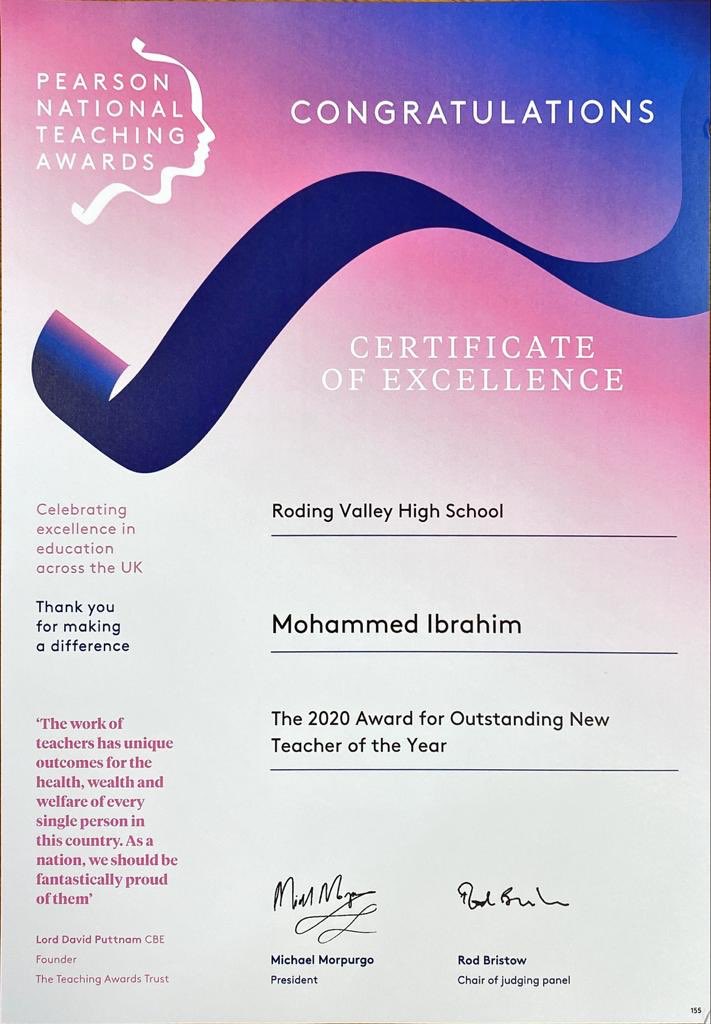 RodingValleyHS's tweet photo. Absolutely delighted to announce that our very own Mr Ibrahim has been awarded the @TeachingAwards 2020 Award for Outstanding New Teacher of the Year! 👏🏼👏🏾👏🏿 We are all so #proud of him 🥇 https://t.co/tNSix9DqIT