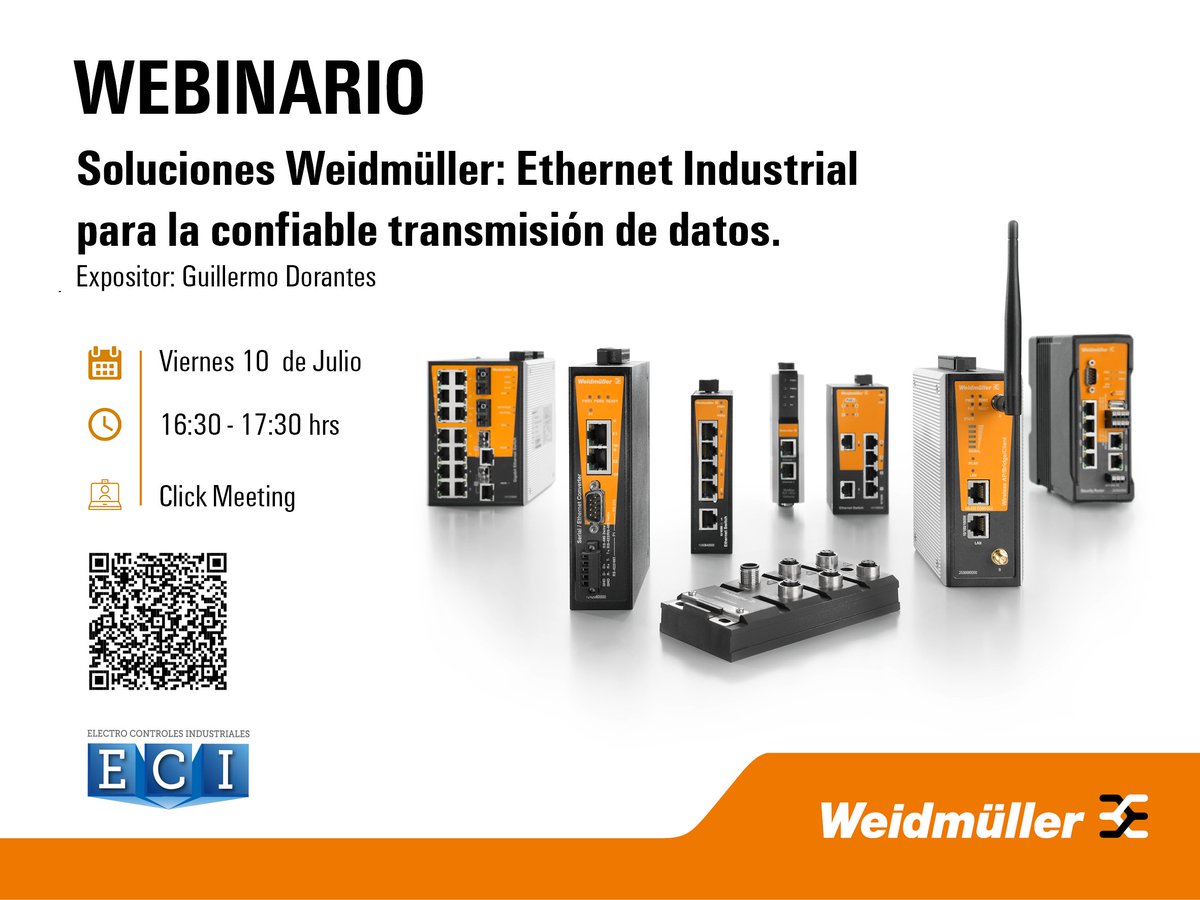 EciElectro's tweet photo. A todos nuestros clientes los invitamos a participar en el Webinar que esta organizando weidmuller con el tema: 
Ethernet Industrial para la confiable transmisión de datos. 
Guillermo Dorantes
🗓️ Viernes 10 Julio
🕐 16:30 hrs
Click al siguiente link 
https://t.co/sr6K2niMem https://t.co/SmUBS5B6Mx