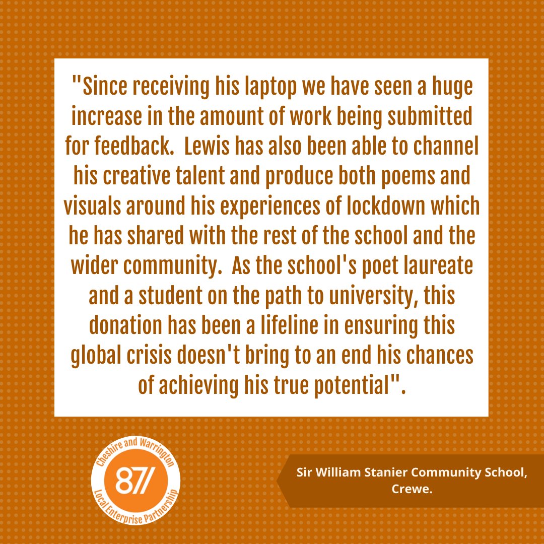 CWBizHub's tweet photo. It is not only the recipients of the laptops and internet who are thankful for our support, but the schools themselves too. Here is a quote from @SWS_School in #Crewe! Find out more >> https://t.co/Dd5p9EERbu #GettingStudentsOnline @ThePledgeCW @MktgCheshire @candwep https://t.co/Qjv0EFrmB9
