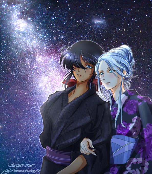 夜あげ〜七夕デートの銀フリです
2枚目はおまけの青フィルターなしバージョン(ちなみに背景は素材写真の加工です・・・何せワンドロですので😅) 