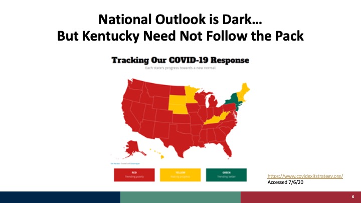 This graphic from  http://www.covidexitstrategy.org  on July 6 paints a dark picture. The colors change daily (even Kentucky went to red today), but story is the same. As a nation, we have to work together to control  #COVID19. The disease does not respect state borders. /7