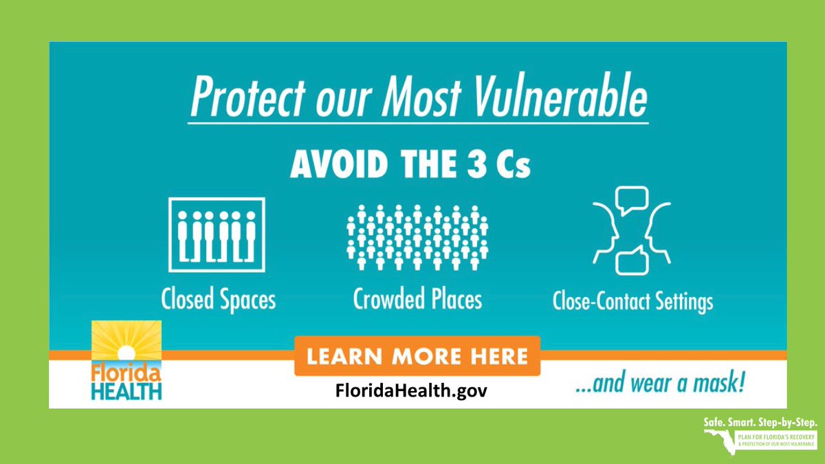 GovRonDeSantis's tweet photo. I urge all Floridians to continue social distancing to help protect our state’s most vulnerable and slow the spread of #COVID19. Avoid the "Three Cs" and high-risk environments. Wearing a facial covering when you can’t social distance may also help reduce transmission. https://t.co/cL1gnDtTtp