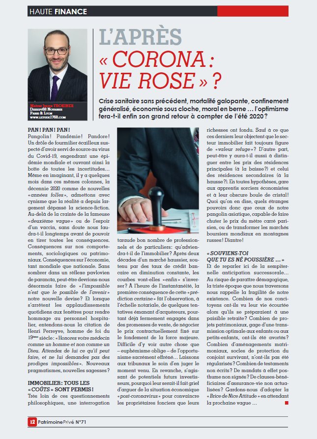 1768Notaires's tweet photo. L'APRES "CORONA : VIE ROSE" ? A lire dans @PatrimoinePrive le nouvel article de @JulienTrokiner https://t.co/DacTQg8BLJ