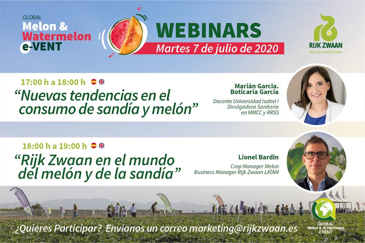 rijkzwaanES's tweet photo. Esta tarde: Aprenderemos y disfrutaremos mucho con @boticarigarcia y Lionel Bardín en estos webinars sobre melón 🍈🍈🍈  y sandía 🍉🍉🍉  que dan comienzo al fantástico programa de nuestro Global Melón &amp; Watermelon e-Vent #GlobalEventRZ ¡No te los puedes perder! https://t.co/h71RyzUrLz