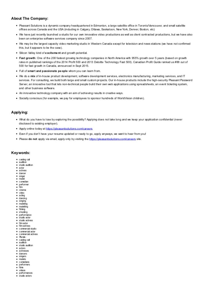 Call for actors, work in the Edmonton, Alberta area. For more information please visit:

pleasantsolutions.com/careers