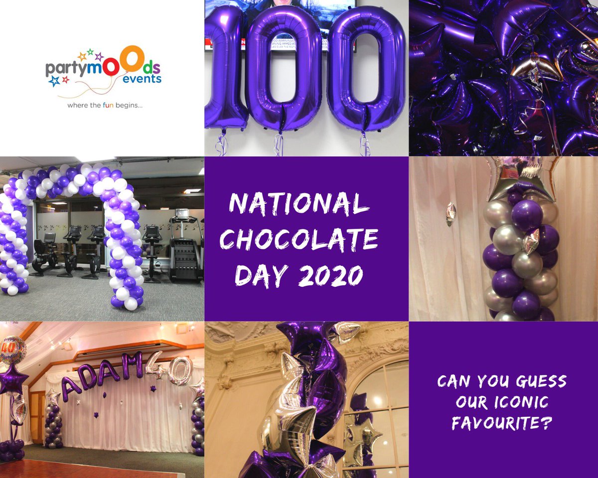 Partymoods's tweet photo. Partymoods Events never needs to be asked twice to help celebrate a special occasion. We are more than happy to #celebrate #worldchocolateday with our favourite bar.  Can you guess what it is? Let us know yours! #purple #balloons #partysupplies #chocolatelover #wherethefunbegins https://t.co/RSKWY3EBr3