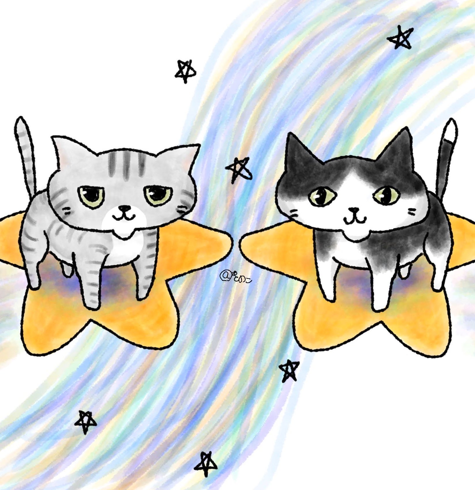 تويتر きのこ على تويتر 本日はあいにくの天気ですが きっとお空の上で彦星と織姫は会っているのでしょう 星に乗ってひとっ飛びさ Illust Illustration Cat Catillustration イラスト ネコ ねこ 猫 猫イラスト ねこいらすと ネコイラスト 絵本風