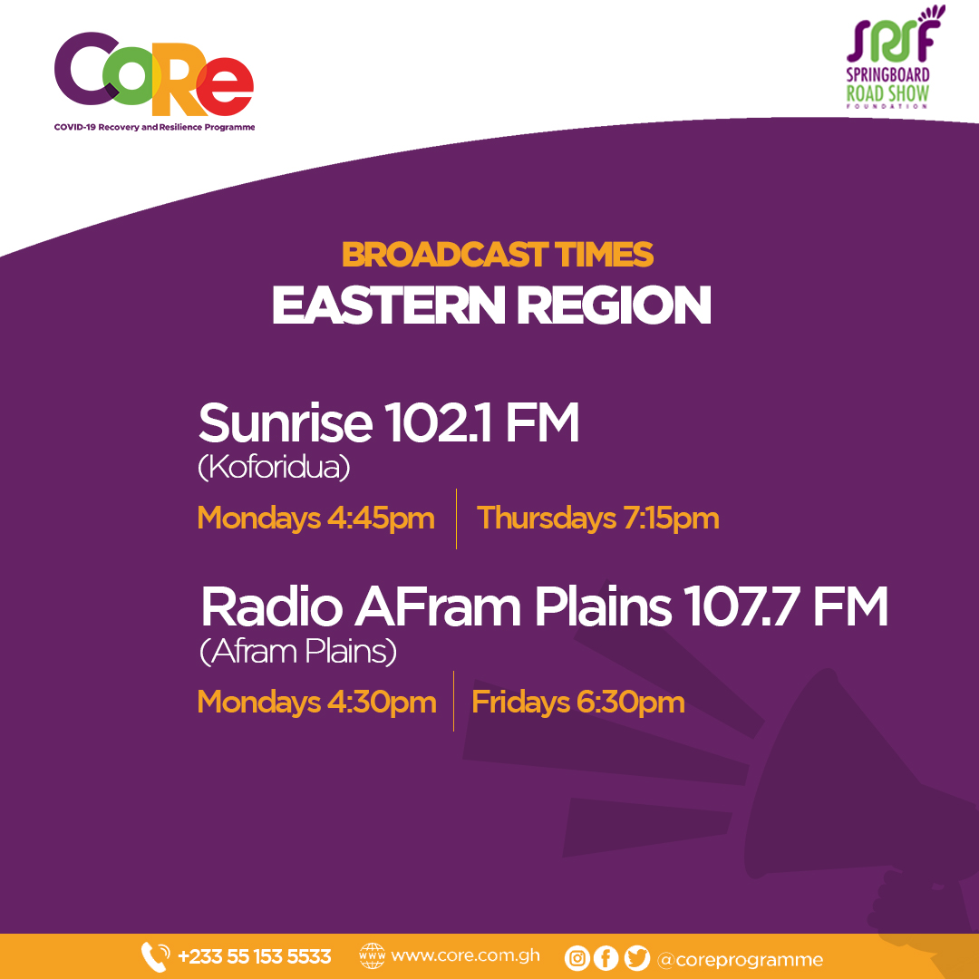 GhanaGrows's tweet photo. Our regional broadcast schedule is out!
Locate our partner media houses in your region and tune in to enjoy the weekly broadcast interventions of the CoRe Programme.
#CORE #Resilient #Ready #Effective
#COREResilient #COREReady #COREEffective
#BeResilient #BeReady #BeEffective https://t.co/rRVa0ruc8b
