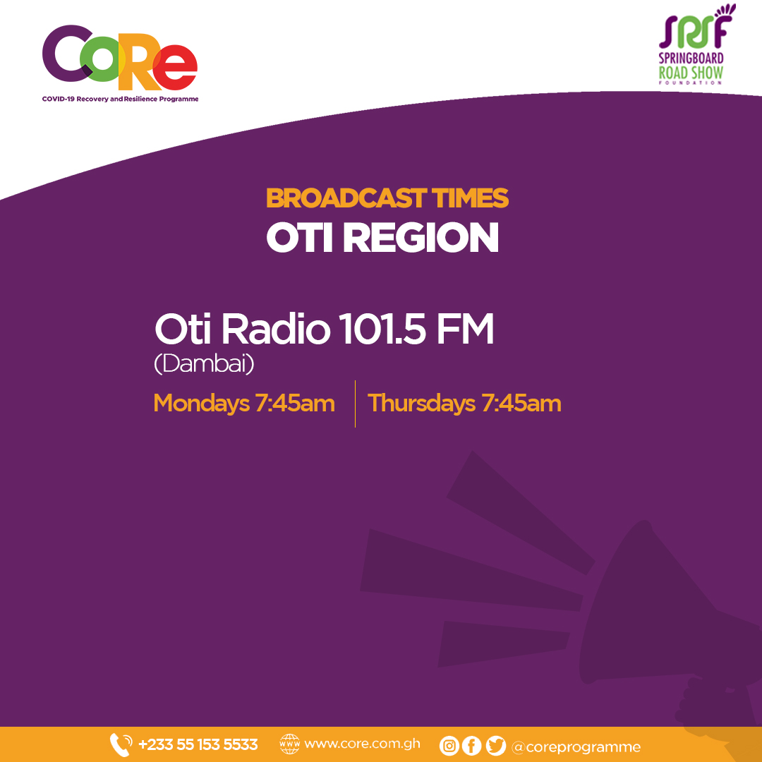 GhanaGrows's tweet photo. Our regional broadcast schedule is out!
Locate our partner media houses in your region and tune in to enjoy the weekly broadcast interventions of the CoRe Programme.
#CORE #Resilient #Ready #Effective
#COREResilient #COREReady #COREEffective
#BeResilient #BeReady #BeEffective https://t.co/rRVa0ruc8b