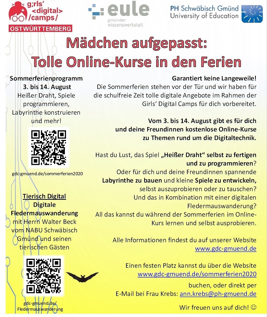 AnnKatrinKrebs's tweet photo. Das Sommerferienprogramm von #GDC_gmuend ist online!
Auf https://t.co/K0skMeBFER können sich #Schülerinnen für tolle und abwechslungsreiche #OnlineKurse rund ums #Programmieren und #Digitaltechnik #kostenlos anmelden. Wir freuen uns auf euch! :) https://t.co/M4LMGgq7l9